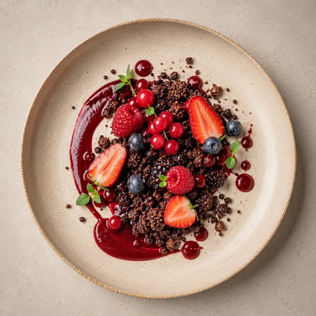 Crumble cacao, fruits et crème vanille