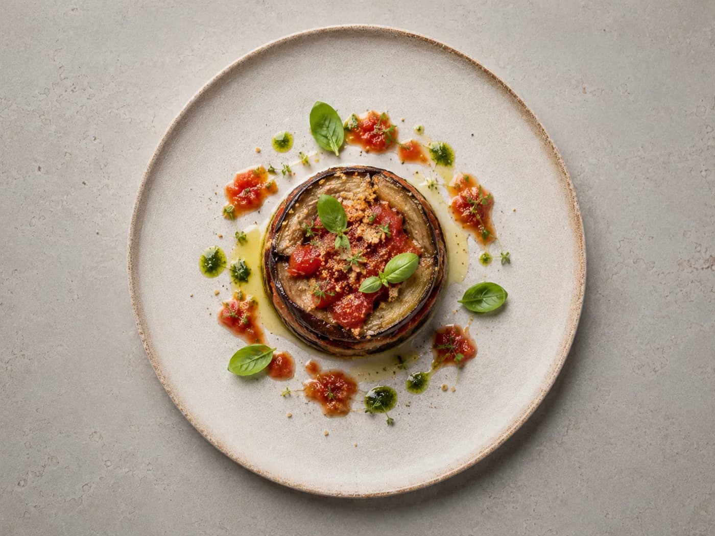 Papeton d’aubergines, tomate et basilic