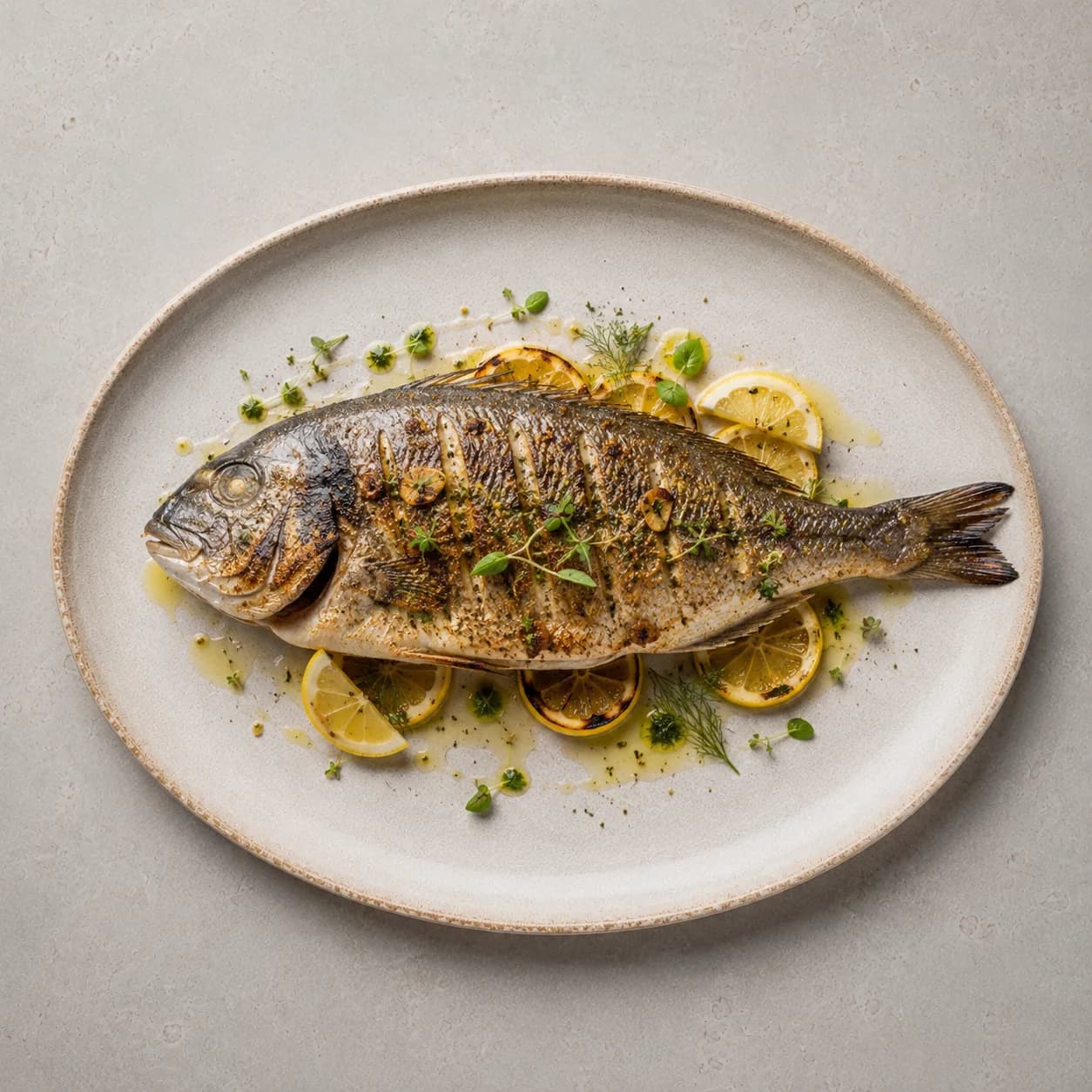 Poisson entier grillé avec des légumes du marché